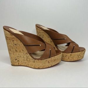 Christian Louboutin Brown Leather & Cork Covered Wedges. Size 8